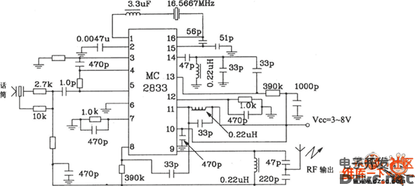 mc2833构成的无线电发射典型应用电路图