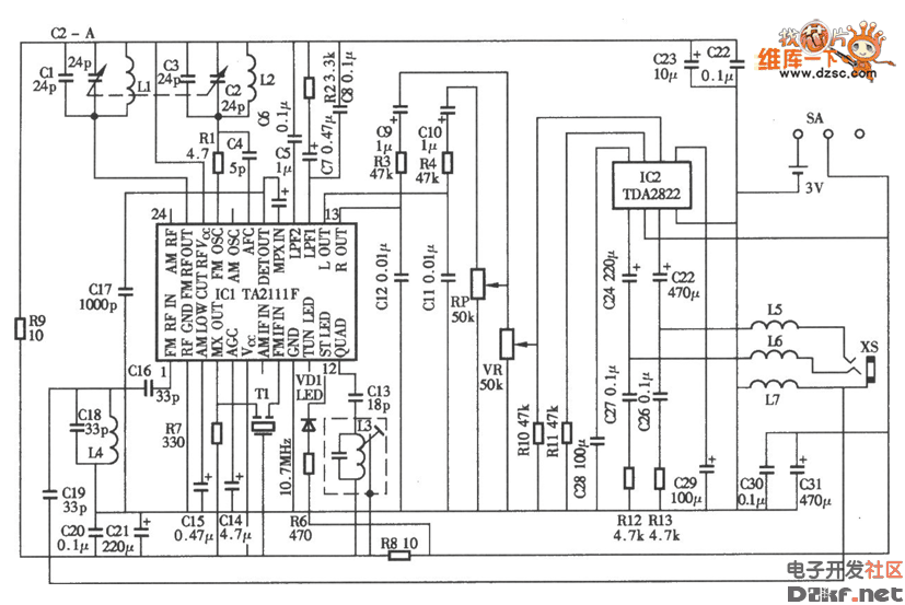 采用ta2111f袖珍调频立体声收音机电路图