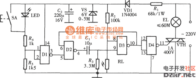 轻触式光控延时节电开关电路图