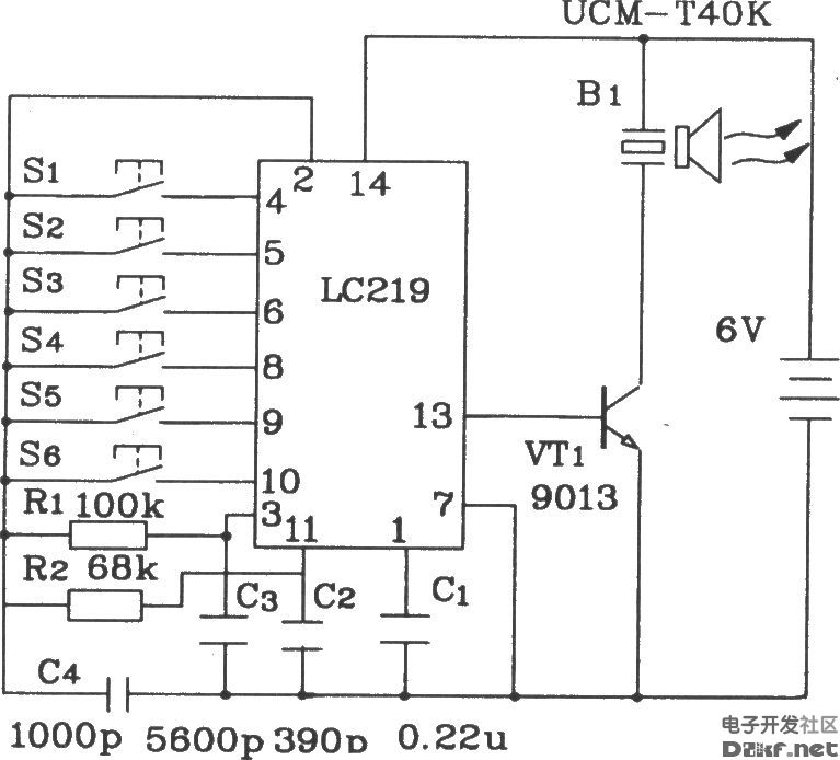 lc219/220a构成超声波6路遥控接收应用电路图