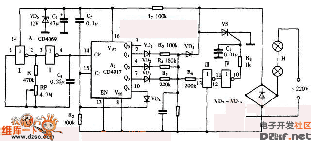 巧用cd4017作新颖彩灯闪烁控制器电路图