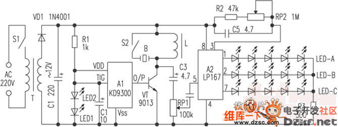 因而使彩灯LED-A～LED-C循环速率跟随音乐信号强弱而变