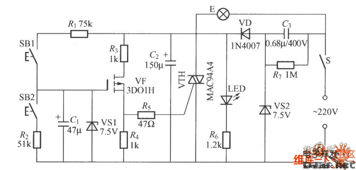 双按键场效应管调光灯电路图