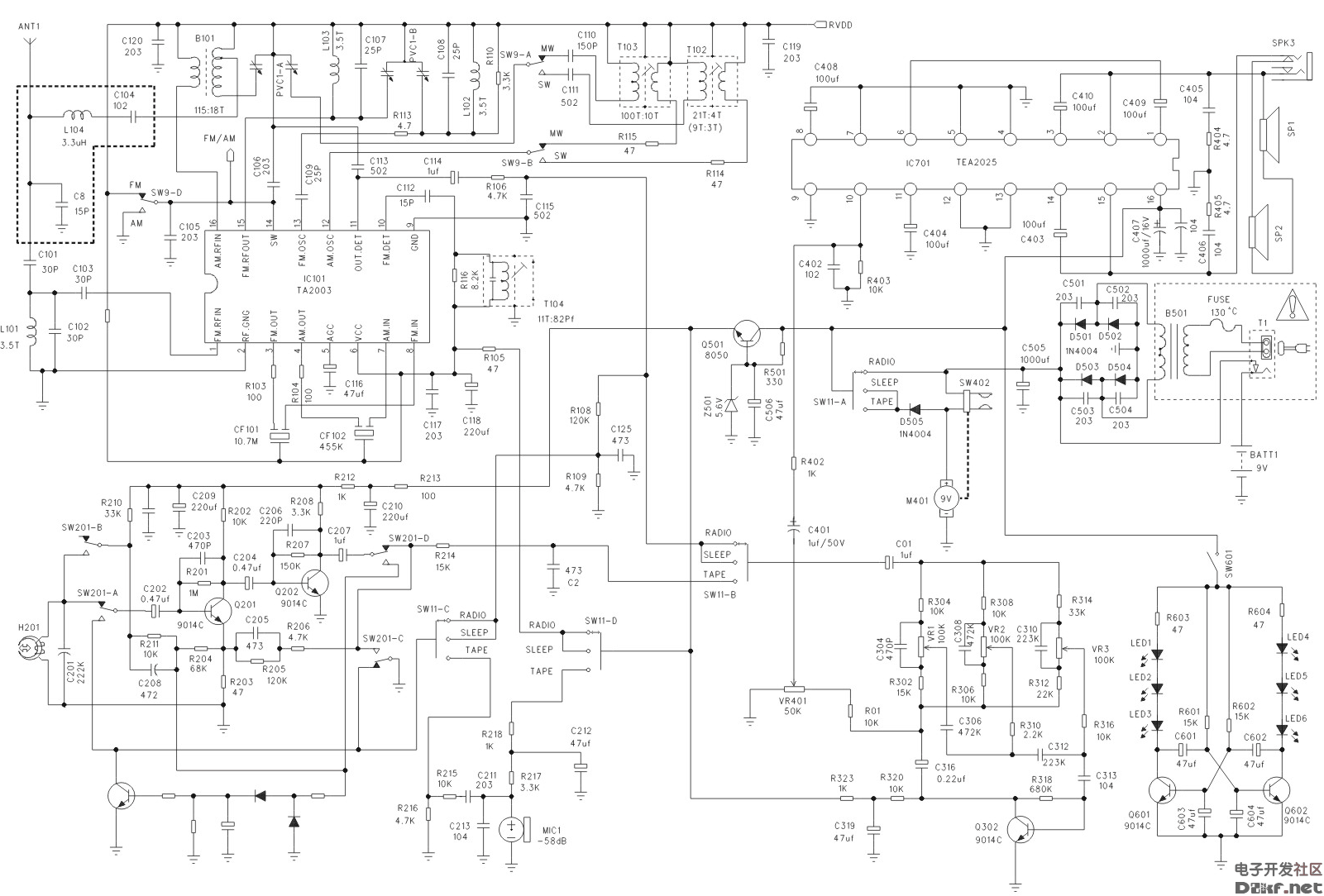 am/fm收录机电路图(由ta2003 tea2025组成)