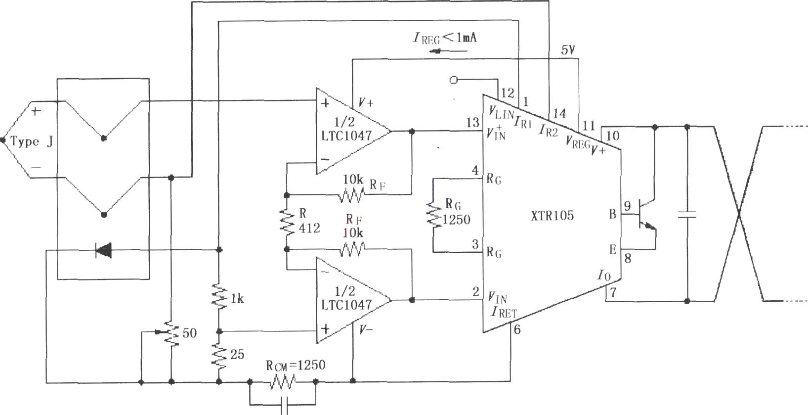 xtr105热电偶测量环电路图