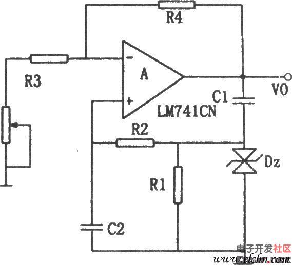 lm741cn构成的rc正弦波振荡器电路图