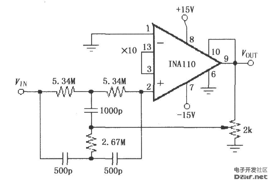 INA110构成的60Hz输入带通滤波电路