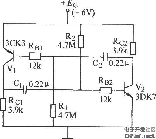 互补管自激多谐振荡器电路