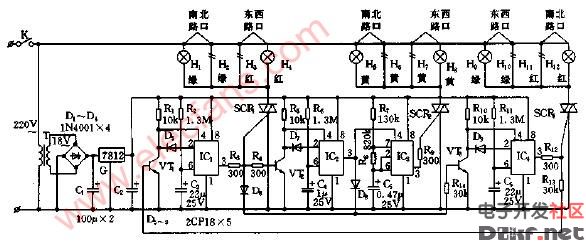 交通路口红绿灯自动控制器电路图1