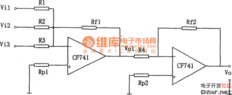 cf741构成的输入输出同相加法电路图