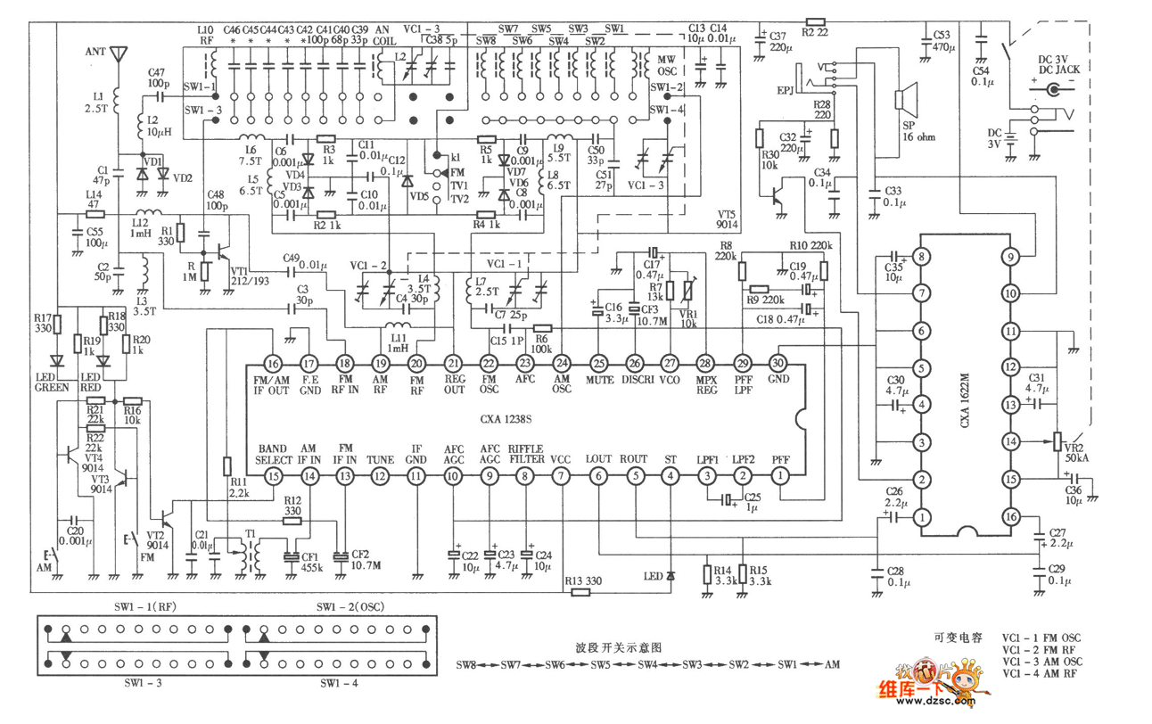 德生rl212a型12波段调频,中波,短波,电视伴音立体声收音机电路图