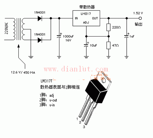 这里介绍一个用lm317t做的1.5v的电源电路供您参考.