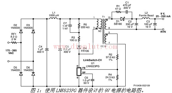 使用lnk623pg器件设计的电源电路图