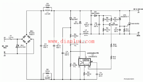 lnk405egrdr25712w降压led驱动器应用电路