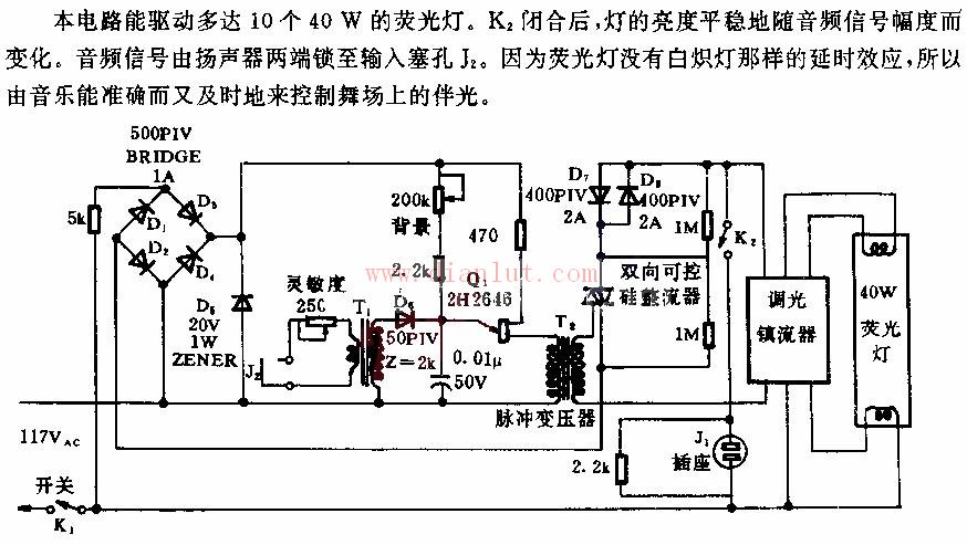 本电路能驱动多达10个40w的荧光灯.音乐控制电路