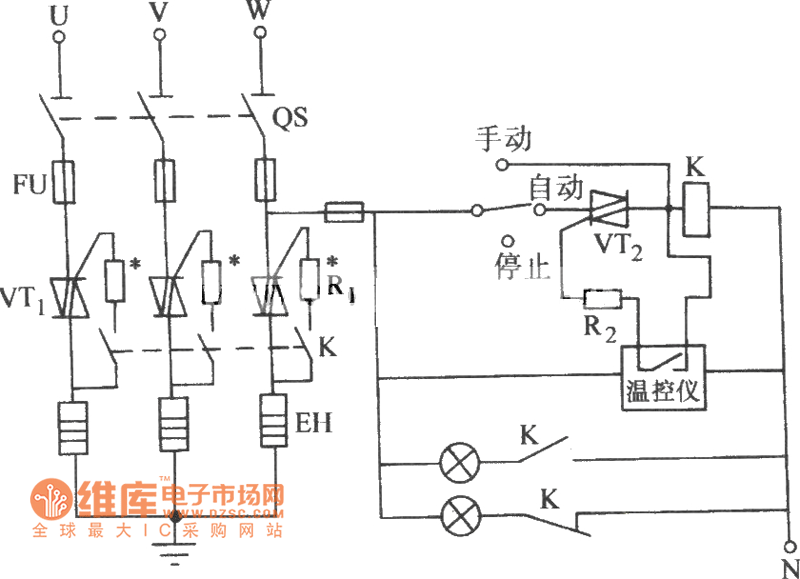 双向晶闸管控制三相电热器件的典型电路图