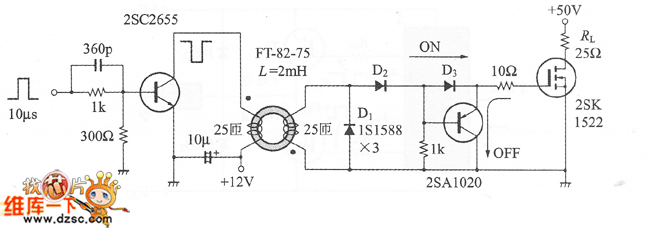 图3 使用脉动变压器的绝缘驱动电路原理上,on时的电流从脉冲变压器