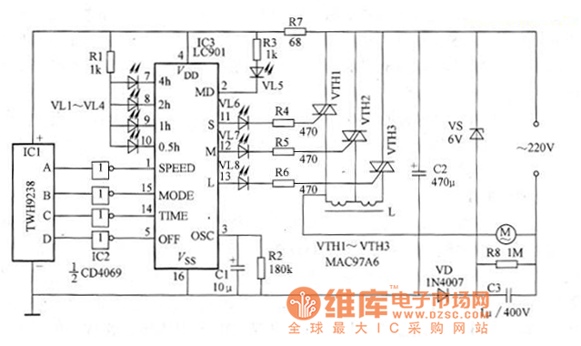 采用tvvh923619238的多功能无线电遥控电风扇电路图