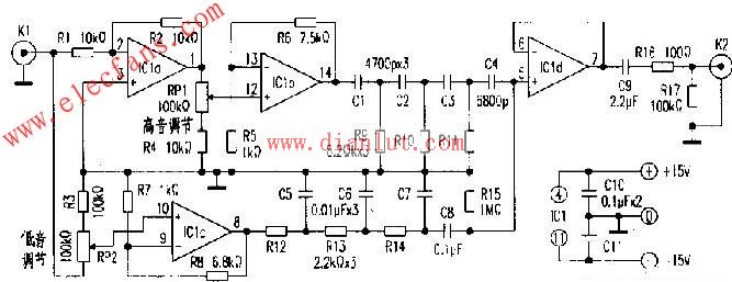 tl074构成的倒相式音调控制电路