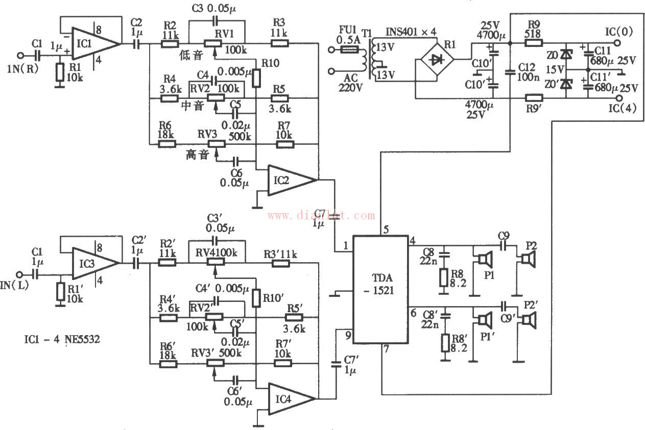 tda1521设计的立体声一体化有源音箱电路