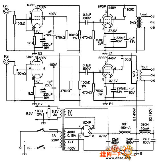 6p3p三极管接法甲类单端功放总电路图
