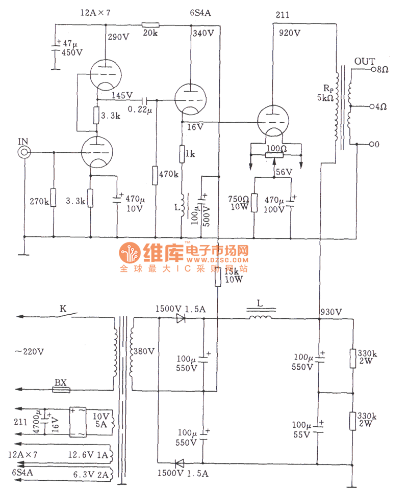 高功率电子管单端a类211功放电路图