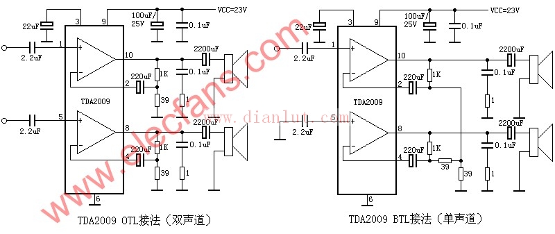 tda2009 otl单/双声道功放电路