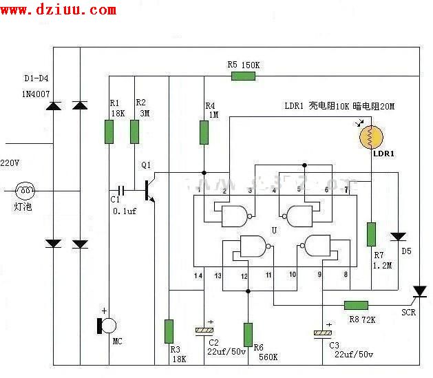 采用mc14011构成的声控灯电路图