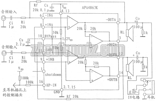 apa4863组成双声道2.2w音频功率放大器