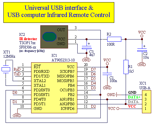 本文使用at90s2313芯片做红外遥控的电路,以下是电路图有兴趣的朋友