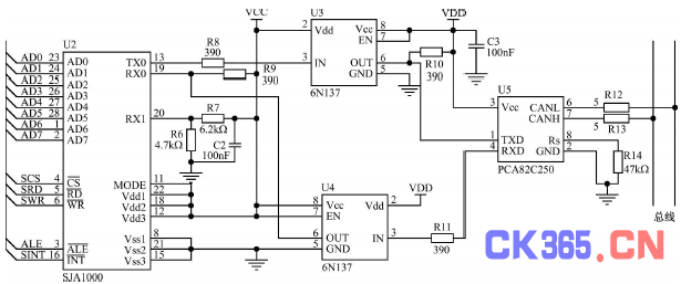 高速光耦6n137及can总线驱动器pca82c250构成