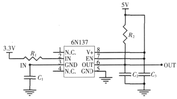 隔离后方可进入后面的功率放大电路,本系统采用高速的光耦隔离器6n137