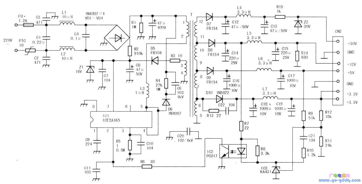 天柏tb-1000(ice2a165)数字电视机顶盒开关电源工作