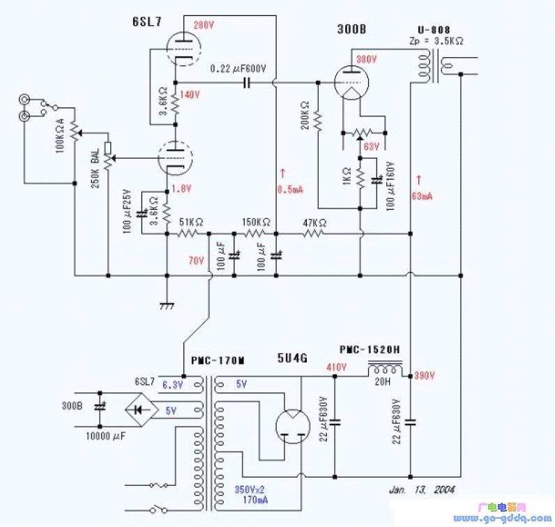 采用6sl7 300b胆管构成的功放电路