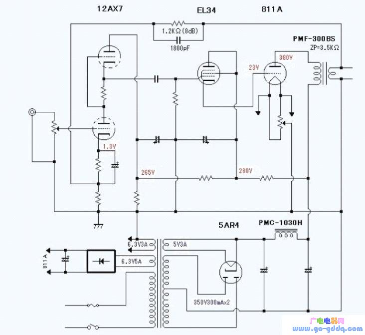 用12ax7 el34 811a胆管构成的功放电路