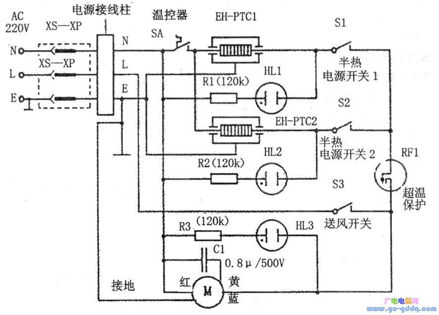 该电暖器暖风机的工作原理可参见电路下图所示.