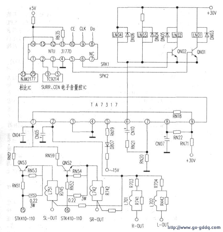 扬声器保护电路核心元件为集成电路ta7317l.