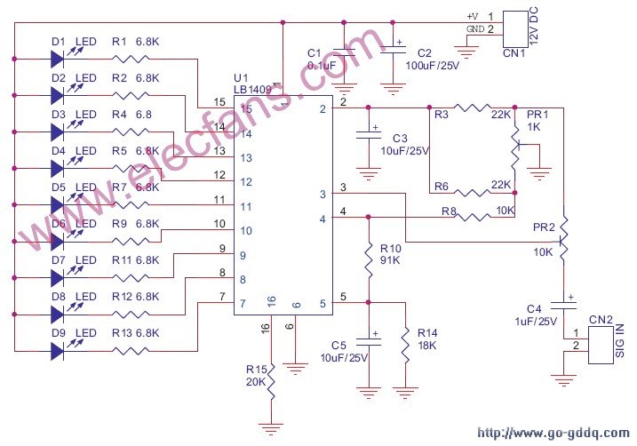 9个led组成的音频电平表电路audiovumeter9leds