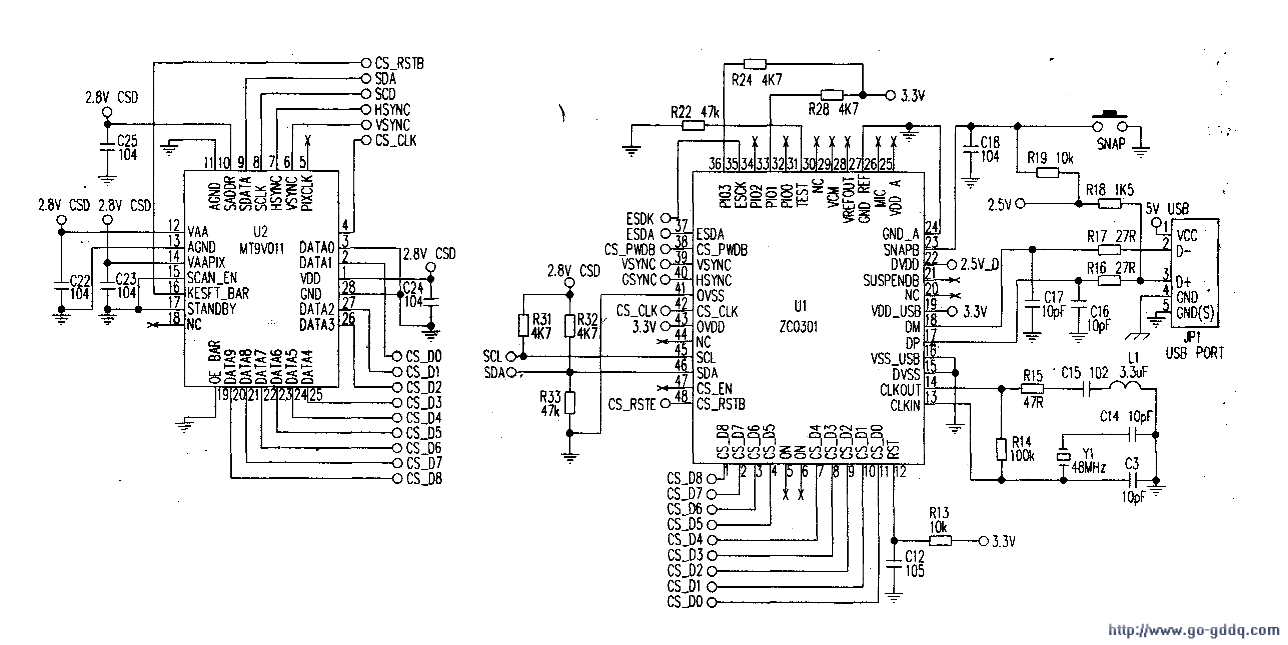 用zc0301控制器与传感器mt9v011构成的摄像头电路图