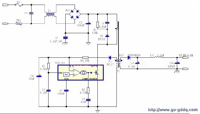 用viper53组成的12v4a的原边反馈的开关电源电路