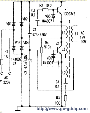 该电路负载特性一般,负载接近满载时启动稍差,该电子变压器空载输入