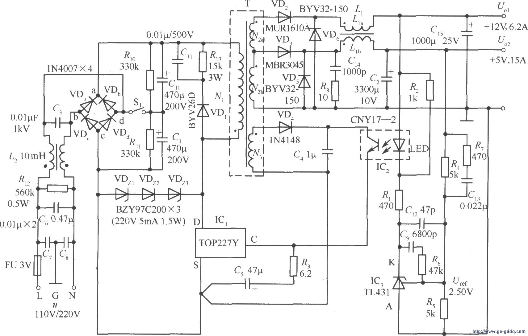 用top227y构成的 5v, 12v双路输出l50w反激式开关稳压电源电路