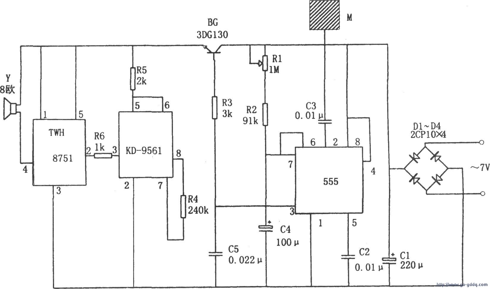 用twh8751,kd9561,555构成的触摸式防盗报警器电路