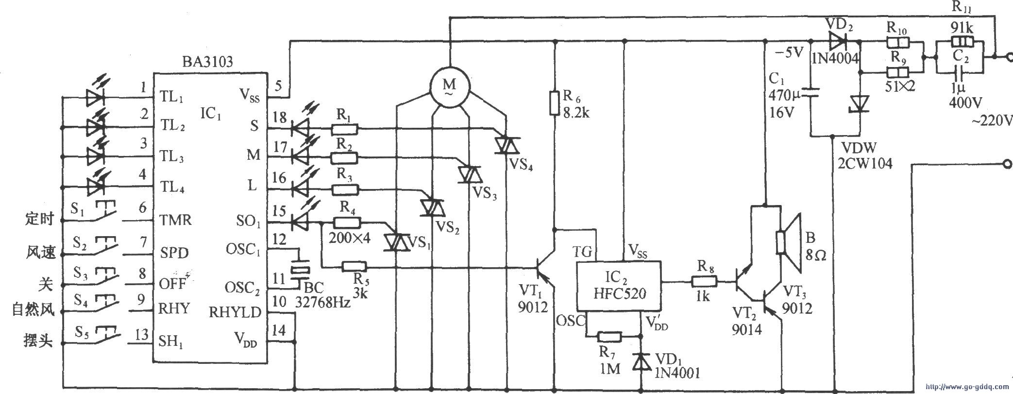 用ba3103的多功能电风扇伴海浪声控制电路