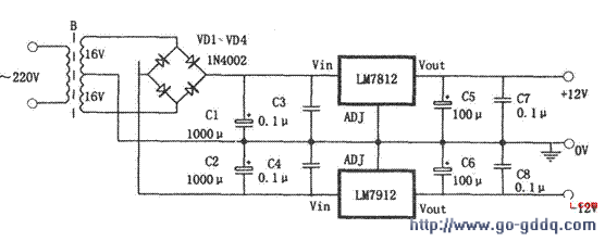 用lm7812和lm7912组成的双极性对称稳压电源电路