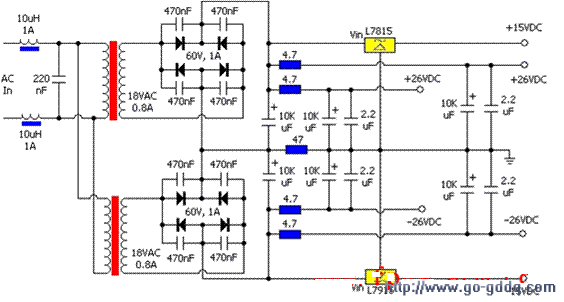 用l7815和l7915构成的提供17715v和17726v电路