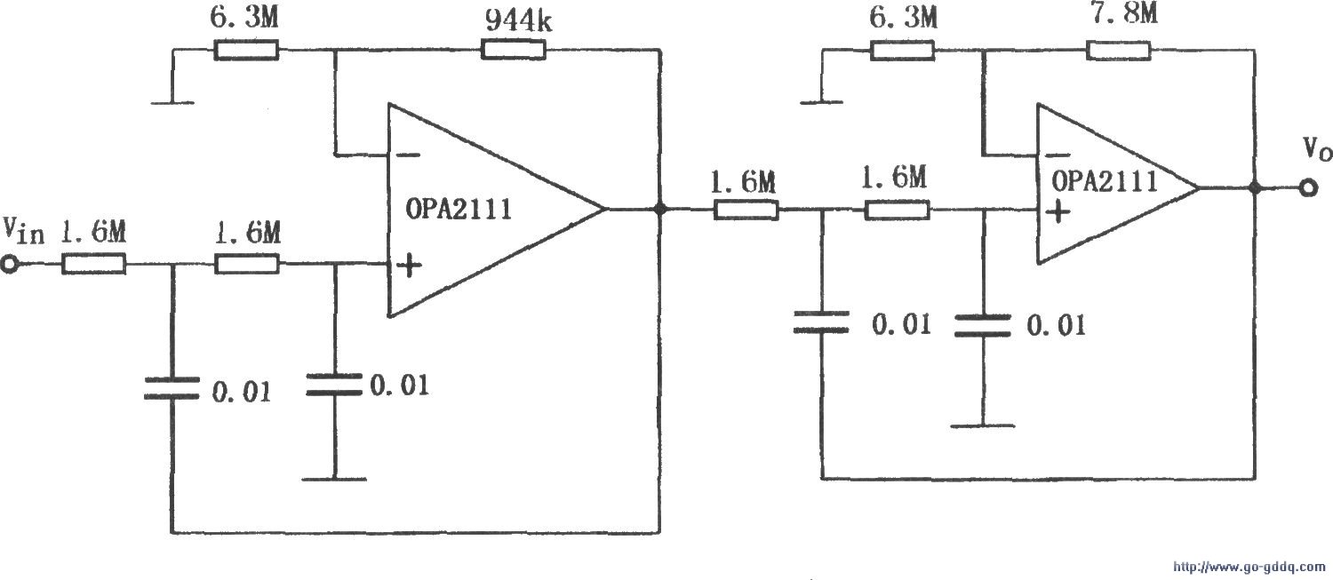 用opa2111的四阶巴特沃斯低通滤波器电路