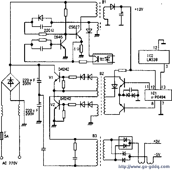 2. 副电源电路:由开关管c5027,脉宽调制管c945,开关变压器b1等组成.