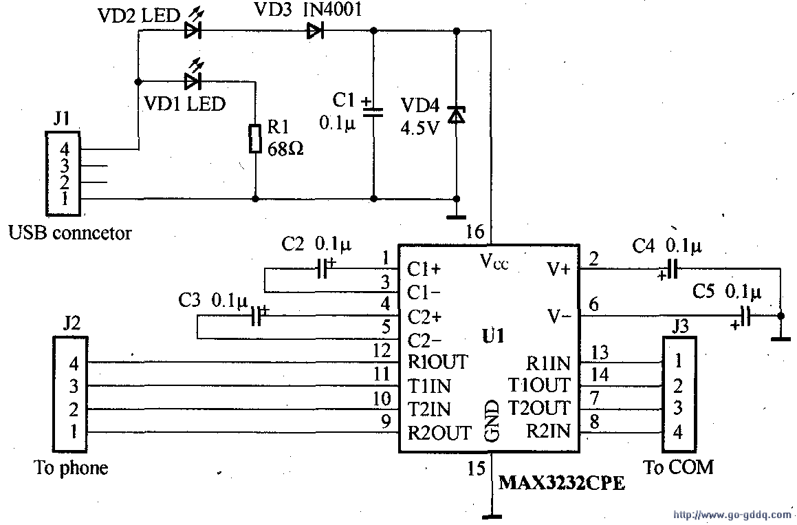 该电路采用usb端口为max3232提供工作电压,电路中各元器件的具体参数