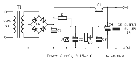 可调稳压电源电路 0-15v / 1a